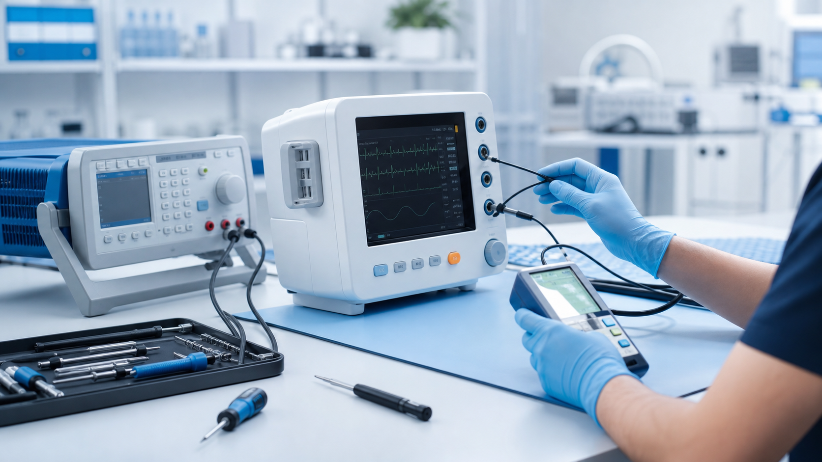 Técnico a realizar calibração de equipamento médico com instrumentos de medição