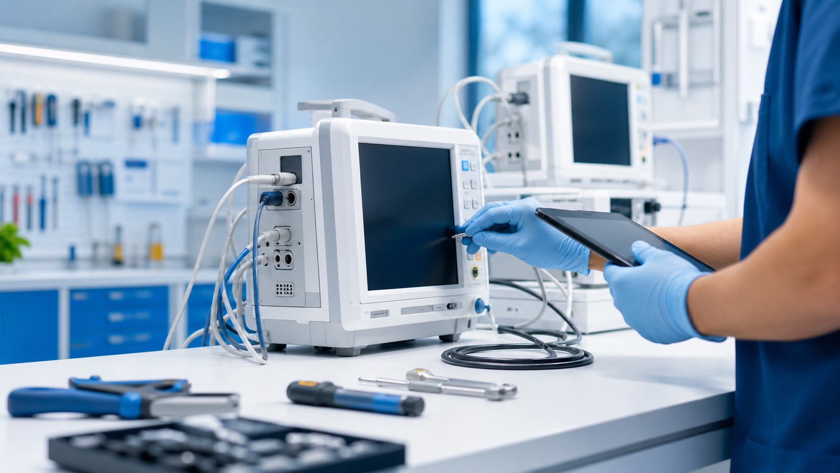 Técnico a realizar manutenção preventiva de equipamento médico