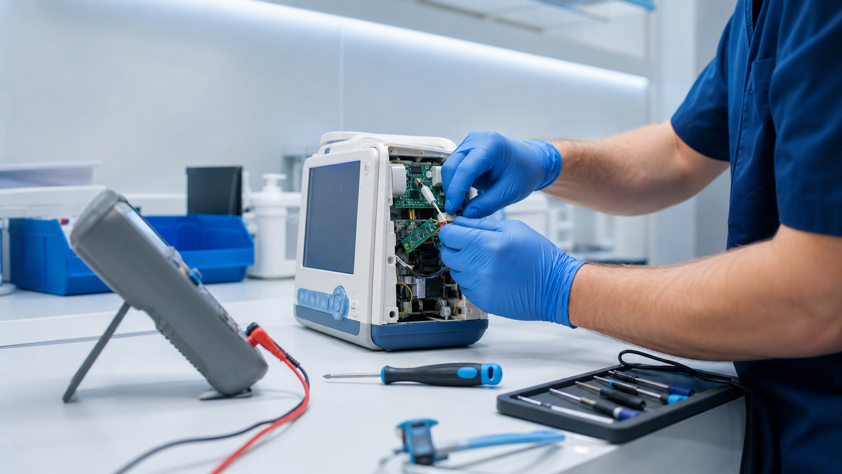 Técnico a realizar reparação de equipamento médico em bancada técnica