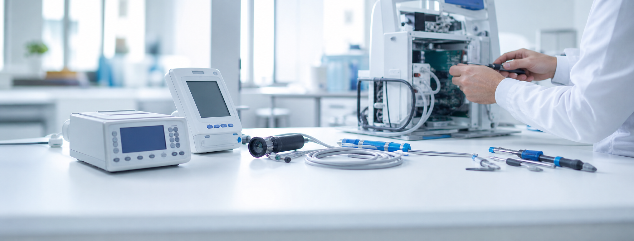 Bancada técnica com equipamentos médicos e instrumentos de assistência